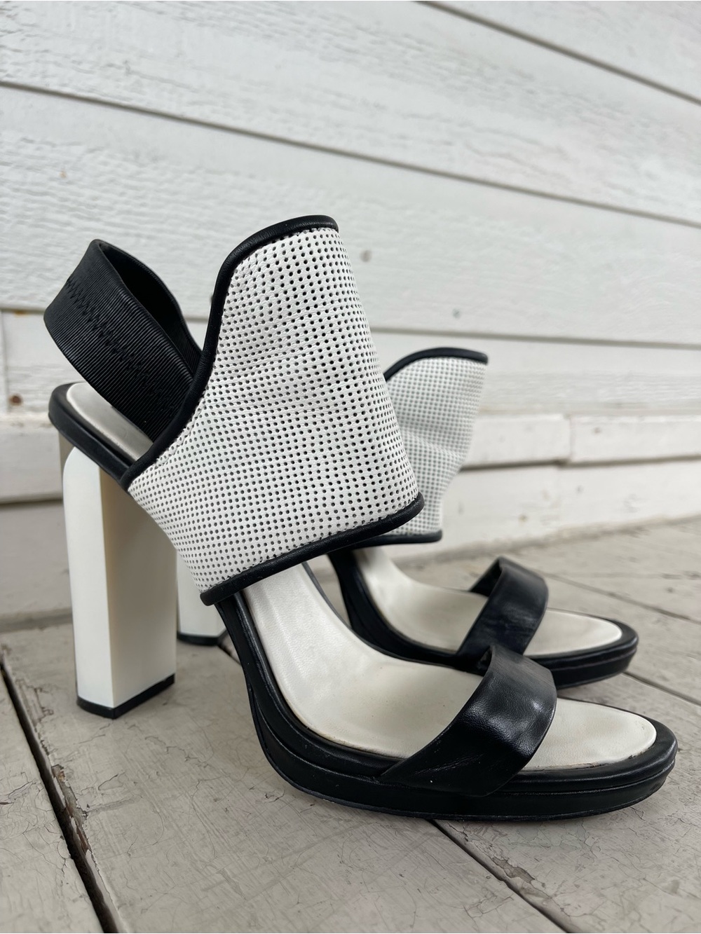 BCBG Black and White Perforated Block Heel Slingbacks